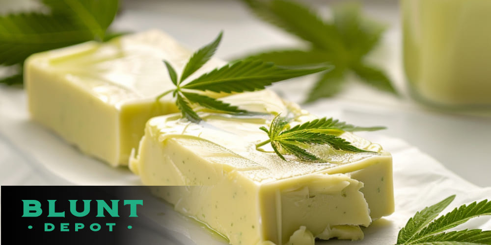 Hash butter placed on a rustic wooden table with pieces of cannabis hash and fresh cannabis leaves.