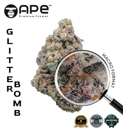 Glitter Bomb APE THCA Flower – Premium cannabis buds with high THCA content, sparkling with crystals