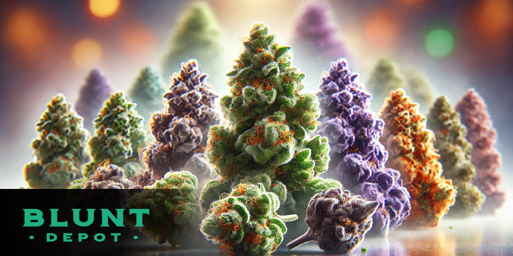 Detailed shot of premium THCa cannabis buds, showing vibrant trichomes and colors.