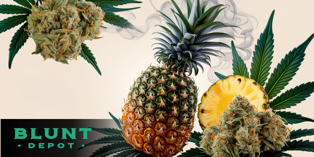 Resinous Pineapple Express cannabis buds with tropical fruits in a lush, natural jungle setting