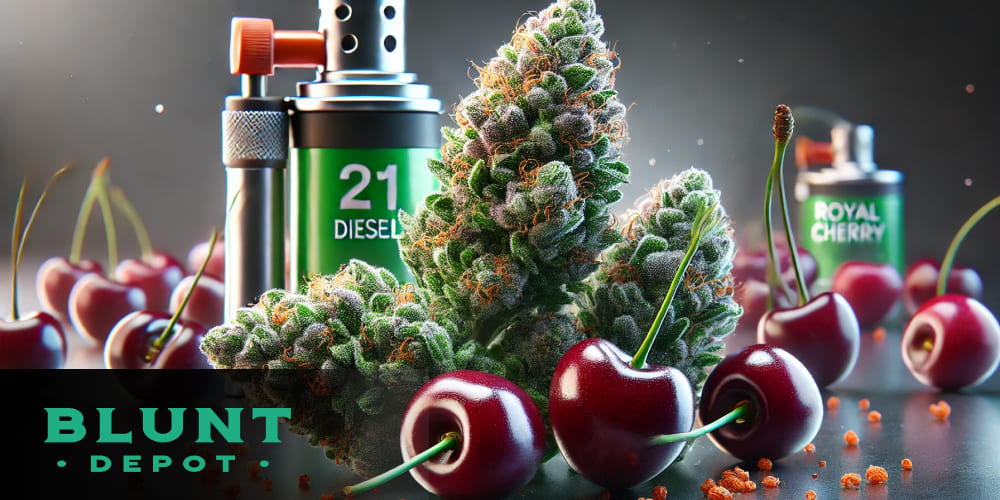 Frosty cannabis buds from the Royal Cherry Diesel strain, showcasing vibrant purple and green hues, with cherries and diesel-inspired details in the background.