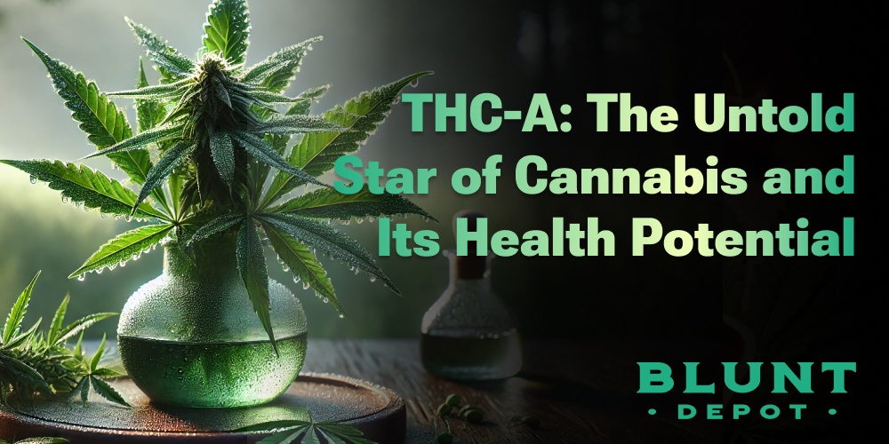 THC-A fresh cannabis plant in a glass bottle with natural green liquid, showcasing raw cannabis benefits for health and home delivery