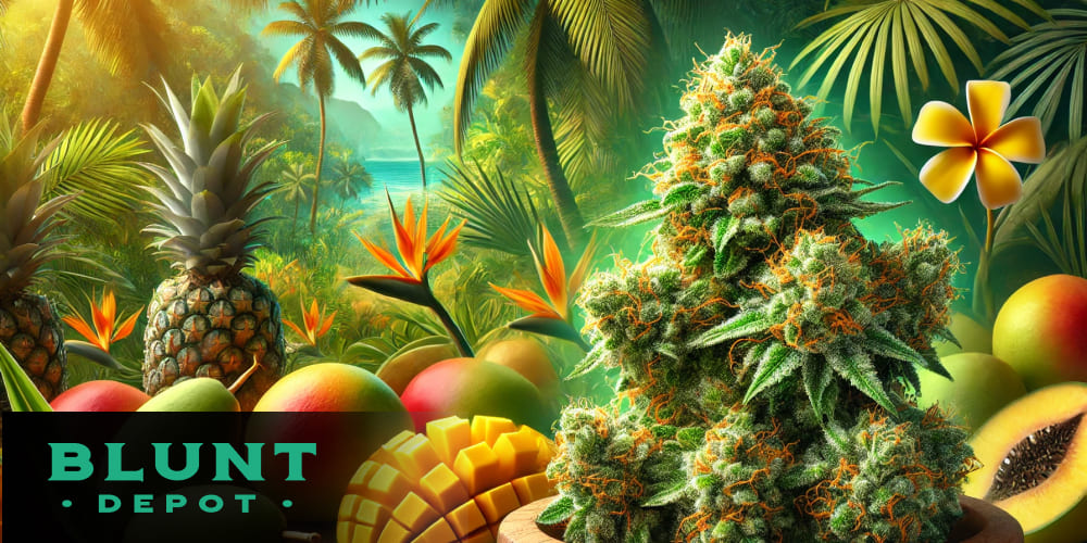 Vibrant Pineapple Express cannabis buds with tropical fruits like pineapple, mango, and citrus in the background