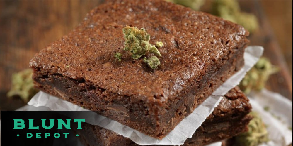 Cannabis brownies baking in the oven, with a golden-brown crust forming.