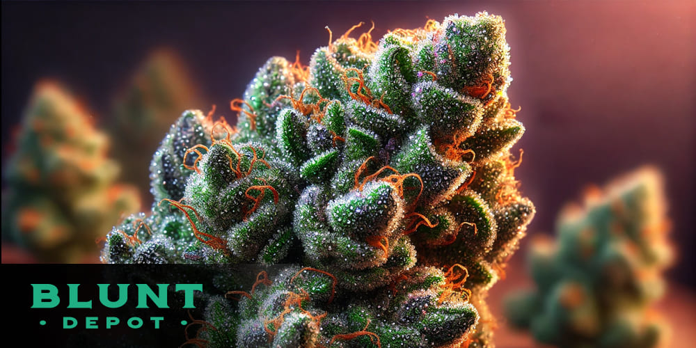 Glitter Bomb cannabis buds with sparkling trichomes, showing realistic and high-quality details.