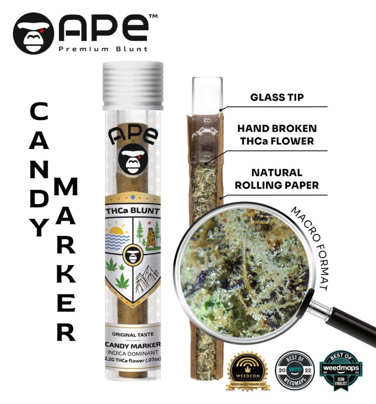 Candy Marker – APE THCA Blunt 2.2G, premium pre-roll with sweet candy flavor, citrus notes, and earthy undertones, delivering balanced effects.