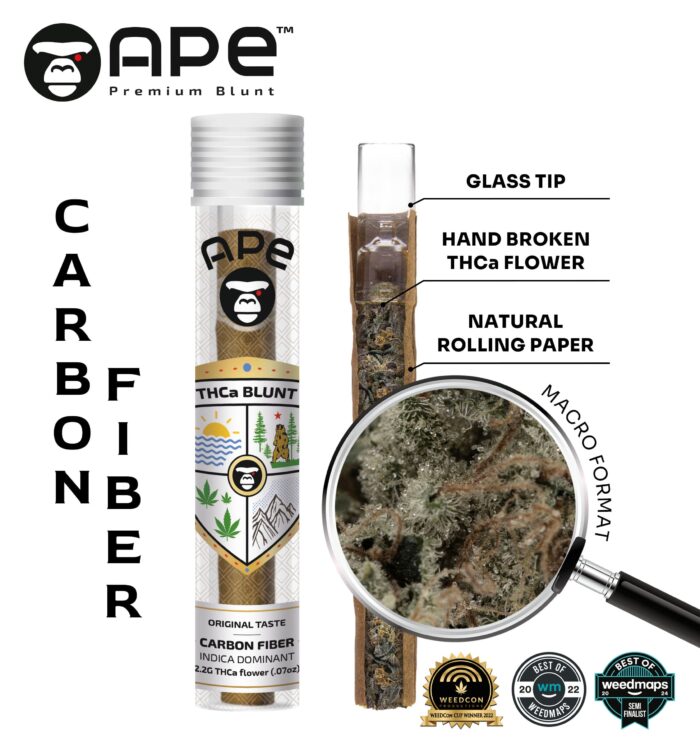 Carbon Fiber – APE THCA Blunt 2.2G, premium pre-roll with high THCA content, offering a smooth and potent high with earthy and citrusy flavor notes.