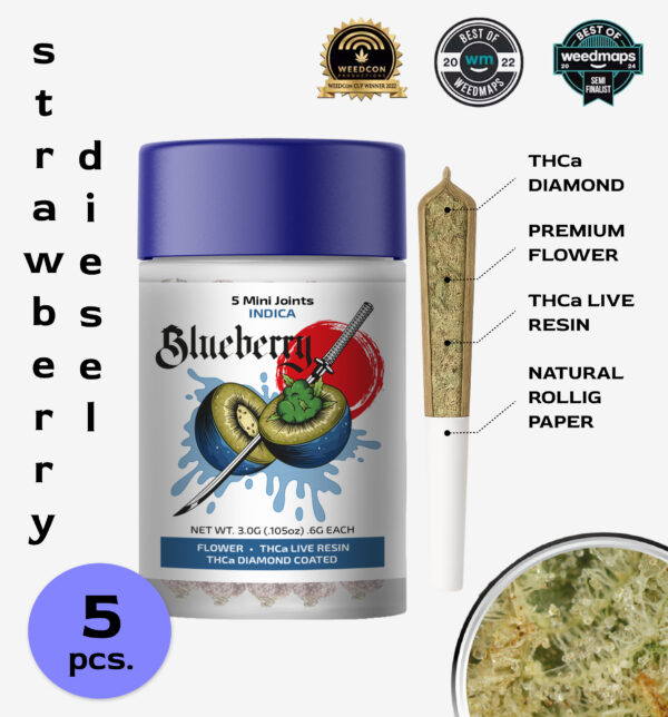 Blueberry 5mini joints - 3g-THCa Live Resin Infused + THCa Diamond Coated