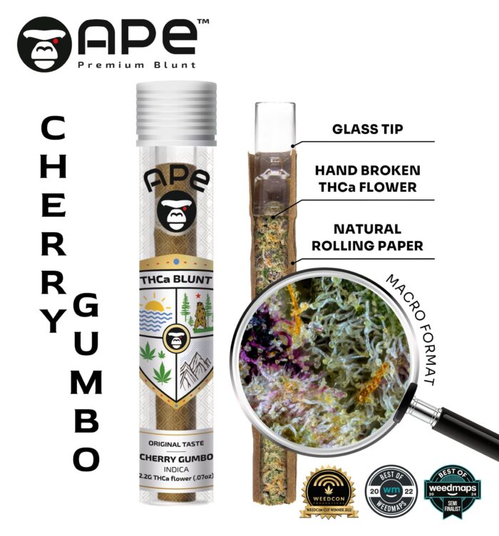 Cherry Gumbo – APE THCA Blunt 2.2G, premium pre-roll with sweet cherry flavor, delivering a smooth and balanced high with relaxing and uplifting effects.