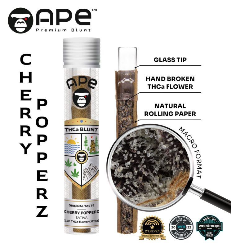 Cherry Popperz – APE THCA Blunt 2.2G, premium pre-roll featuring sweet cherry flavors and potent THCA effects, perfect for relaxation and creativity