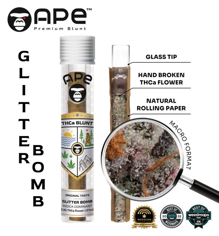 Glitter Bomb – APE THCA Blunt 2.2G, premium pre-roll featuring potent THCA flower with uplifting effects and sweet, earthy flavor.