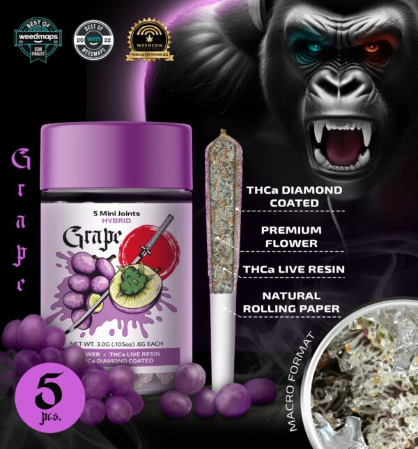 Grape 5mini joints 3g-THCa Live Resin Infused + THCa Diamond Coated