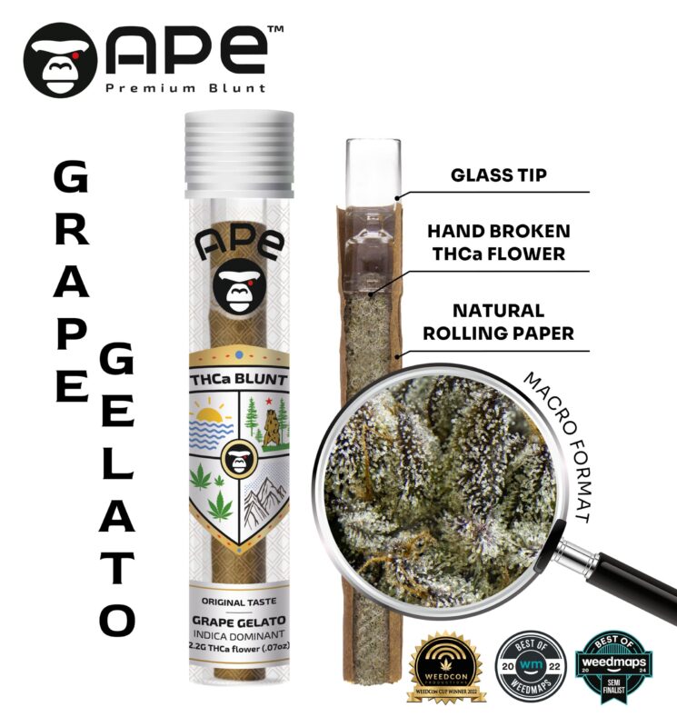 Grape Gelato – APE THCA Blunt 2.2G, premium pre-roll with potent THCA flower offering a smooth, relaxing high with sweet grape and creamy flavor.