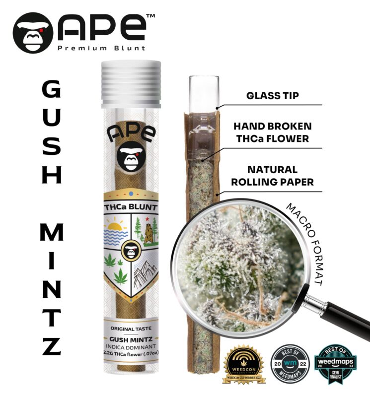 Gush Mints – APE THCA Blunt 2.2G, premium pre-roll with high THCA content delivering a refreshing, minty experience and balanced effects.