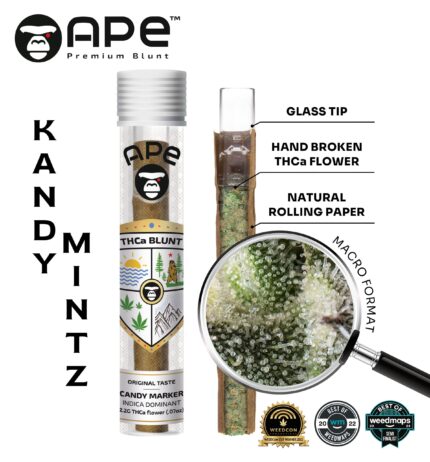 Kandy Mintz – APE THCA Blunt 2.2G, premium pre-roll with minty and sweet flavor profile, offering a smooth and relaxing experience.