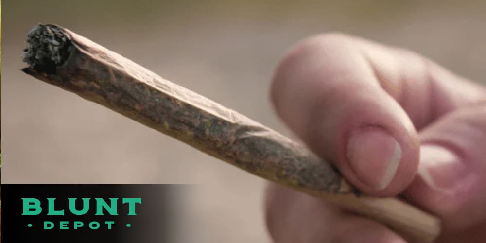 A sleek joint wrapped in white paper, in focus, with a blurred grinder and cannabis buds in the background.