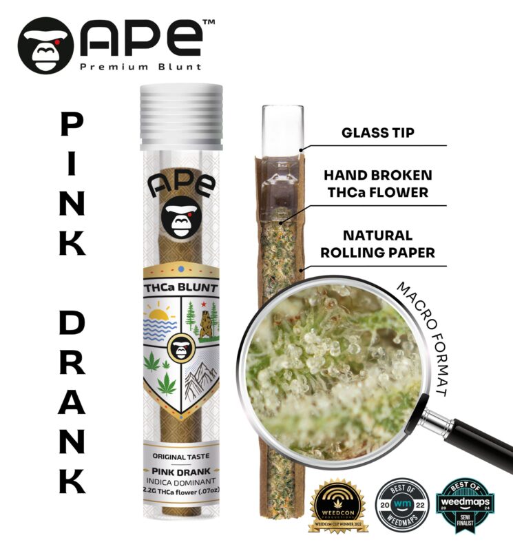 Pink Drank APE THCA Blunt 2.2G – Potent THC-rich strain with relaxing effects and sweet, fruity flavor.