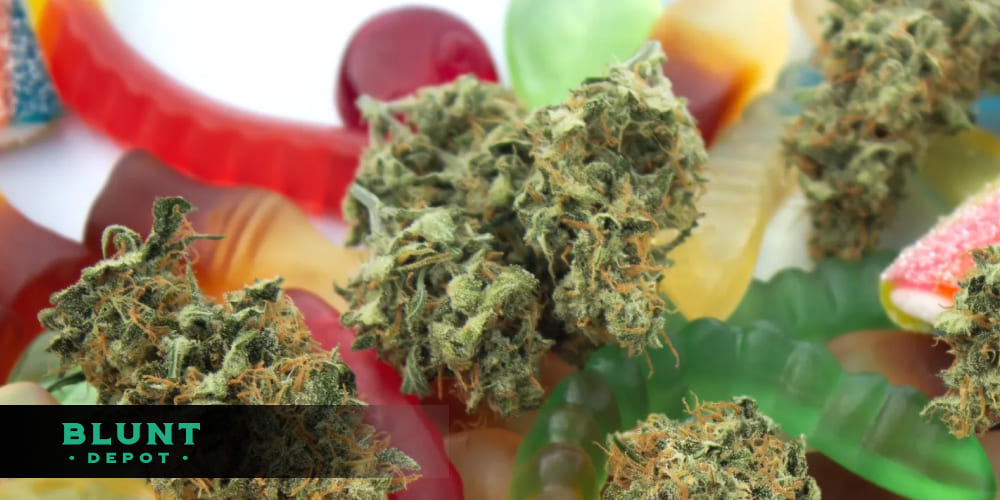 A vibrant display of colorful THCA gummies alongside tropical fruits and cannabis leaves