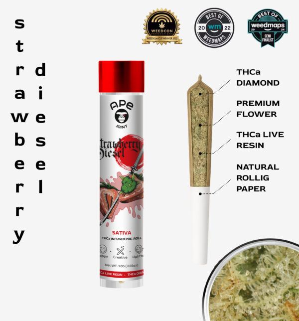 Strawberry Diesel 1g Joint -THCa Live Resin Infused and THCa Diamond Coated