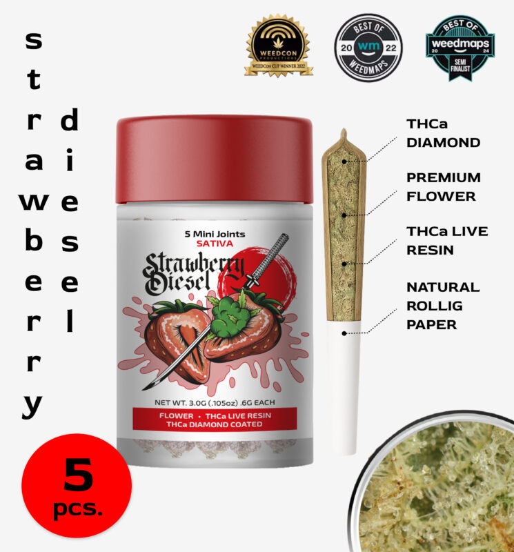 Strawberry Diesel 5mini joints- 3g THCa Live Resin Infused + THCa Diamond Coated