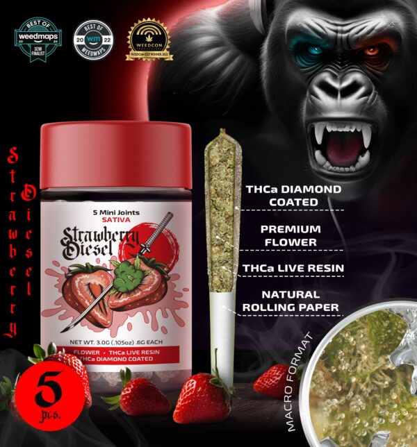 Strawberry Diesel 5mini joints- 3g THCa Live Resin Infused + THCa Diamond Coated