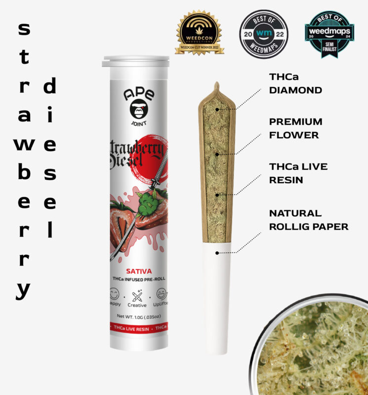 Strawberry Diesel Infused-Joint 1g-THCa Diamond + THCa Live Resin