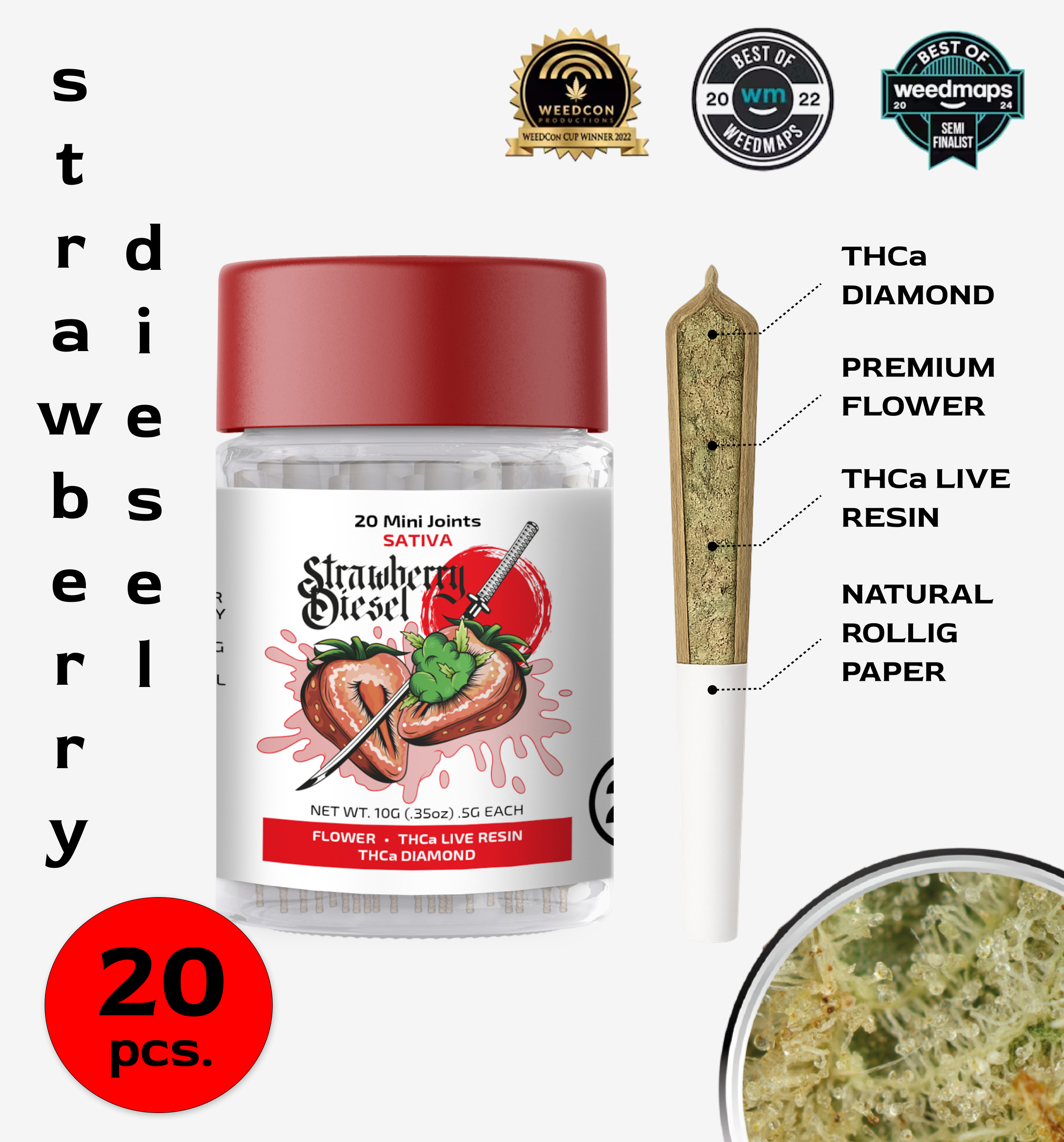 Strawberry Diesel – 20mini joints 10g – THCa Live Resin Infused + THCa Diamond Strawberry Diesel – 20mini joints 10g – THCa Live Resin Infused + THCa Diamond