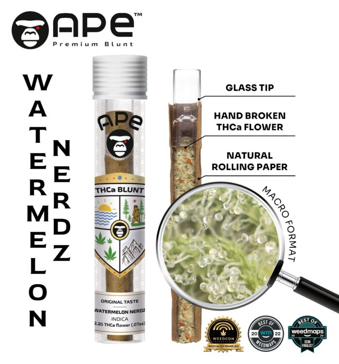 Watermelon Nerdz – APE THCA Blunt 2.2G, a fruity and energizing hybrid strain with 30% THCA for uplifting effects.