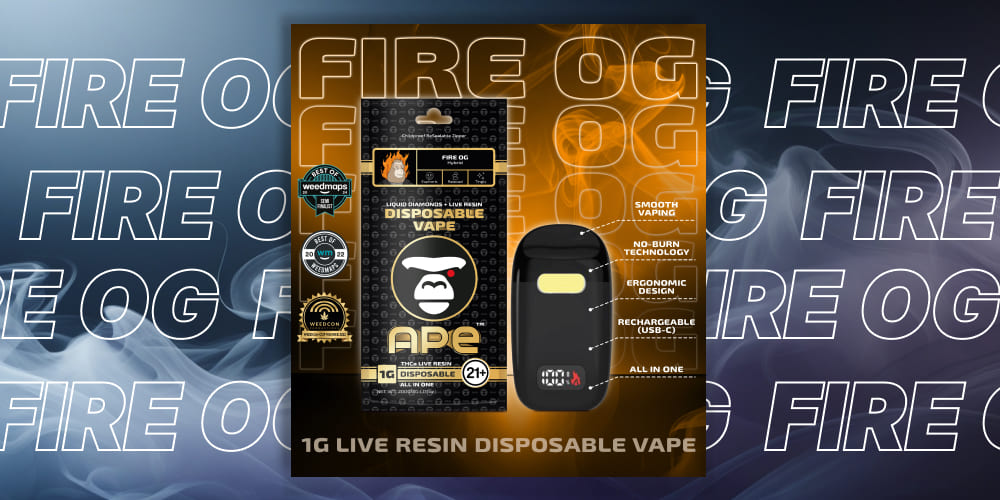 Fire OG THCa Live Resin Disposable Vape Pen by APE, sleek and compact for easy use.