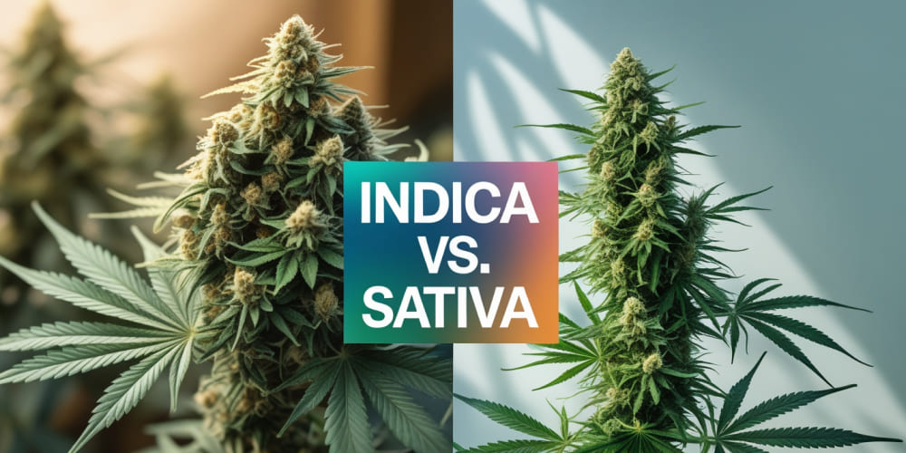 Side-by-side comparison of an Indica plant with a short, bushy structure and a tall, slender Sativa plant.