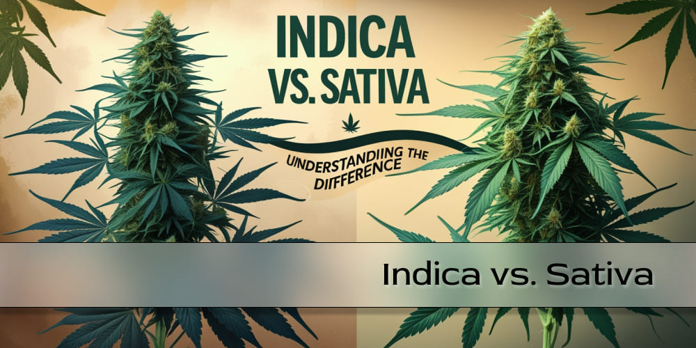 Side-by-side comparison of an Indica plant with a short, bushy structure and a tall, slender Sativa plant.