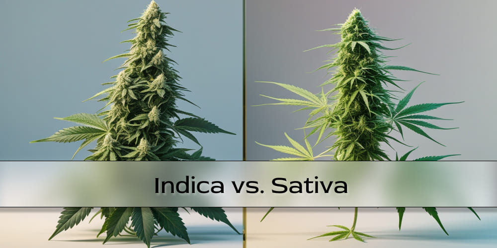 Side-by-side view of Indica and Sativa cannabis plants at different stages of flowering, showing differences in bud density.