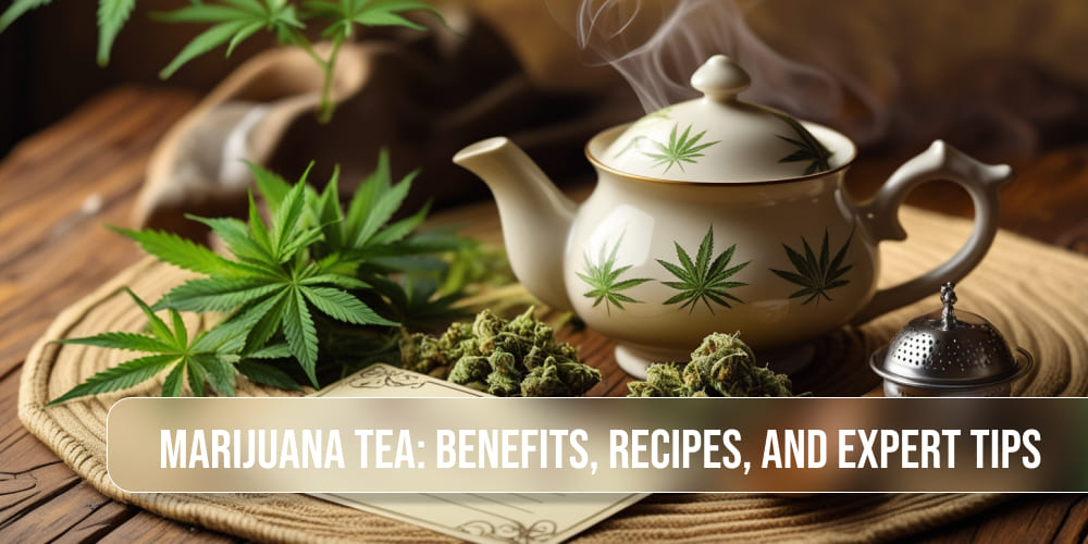 A glass mug of warm marijuana tea with honey, placed on a rustic wooden tray