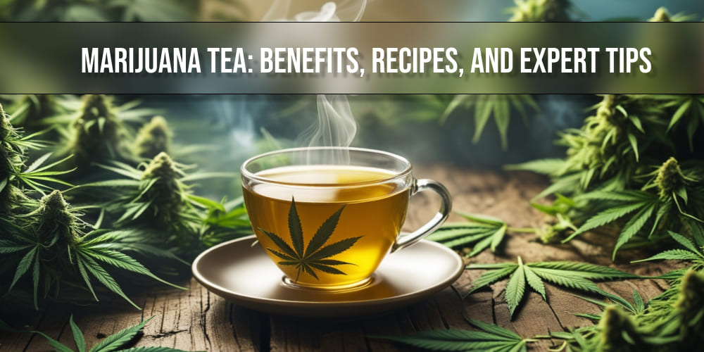 Cannabis-infused tea brewing in a glass teapot with herbal ingredients.