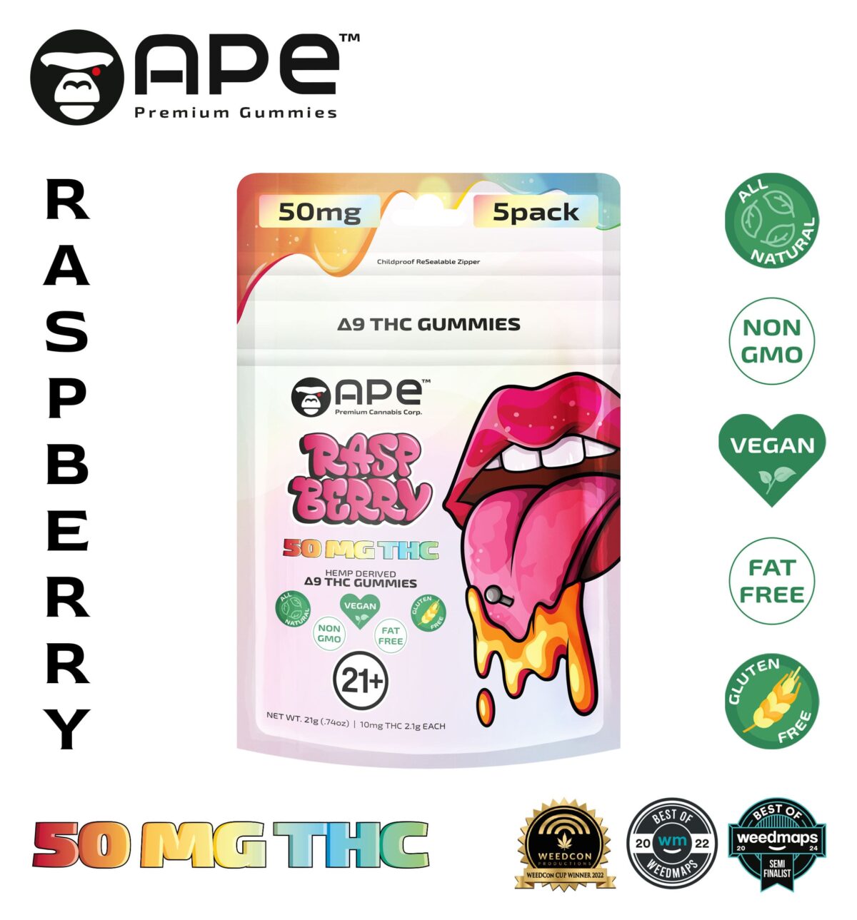 Raspberry Δ9 THC Gummies 21g Ape