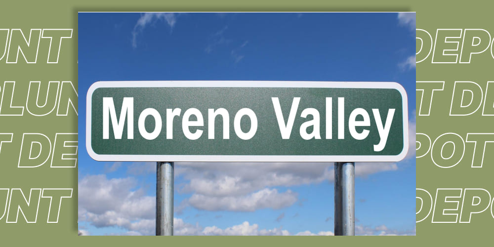 A nighttime view of Moreno Valley, with a THCa delivery package on the doorstep.