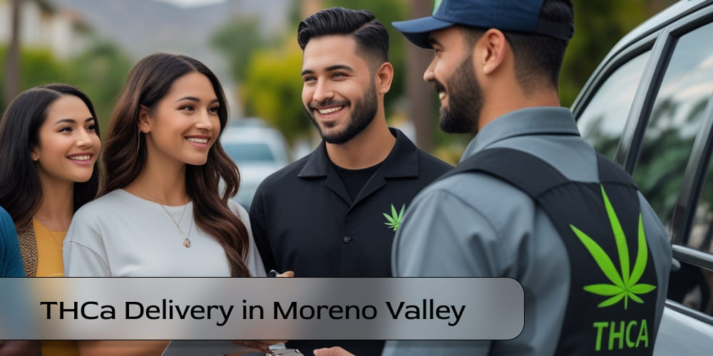 The skyline of Moreno Valley, with a THCa delivery vehicle on the road.