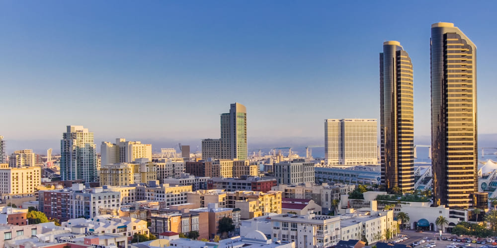 A high-resolution aerial shot of the San Diego skyline, representing the city’s growing cannabis culture.