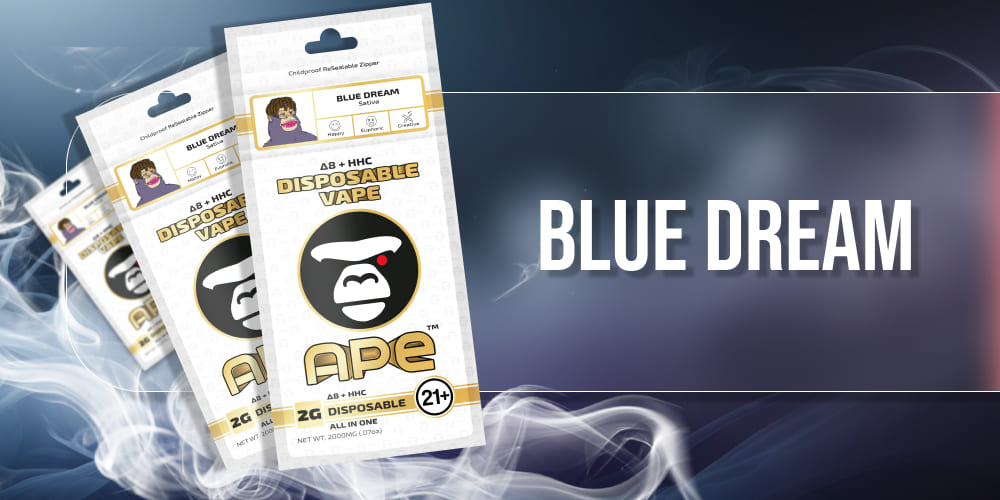 A composition of blueberries, citrus fruits, and cannabis leaves representing the flavor profile of Blue Dream THCa Disposable.