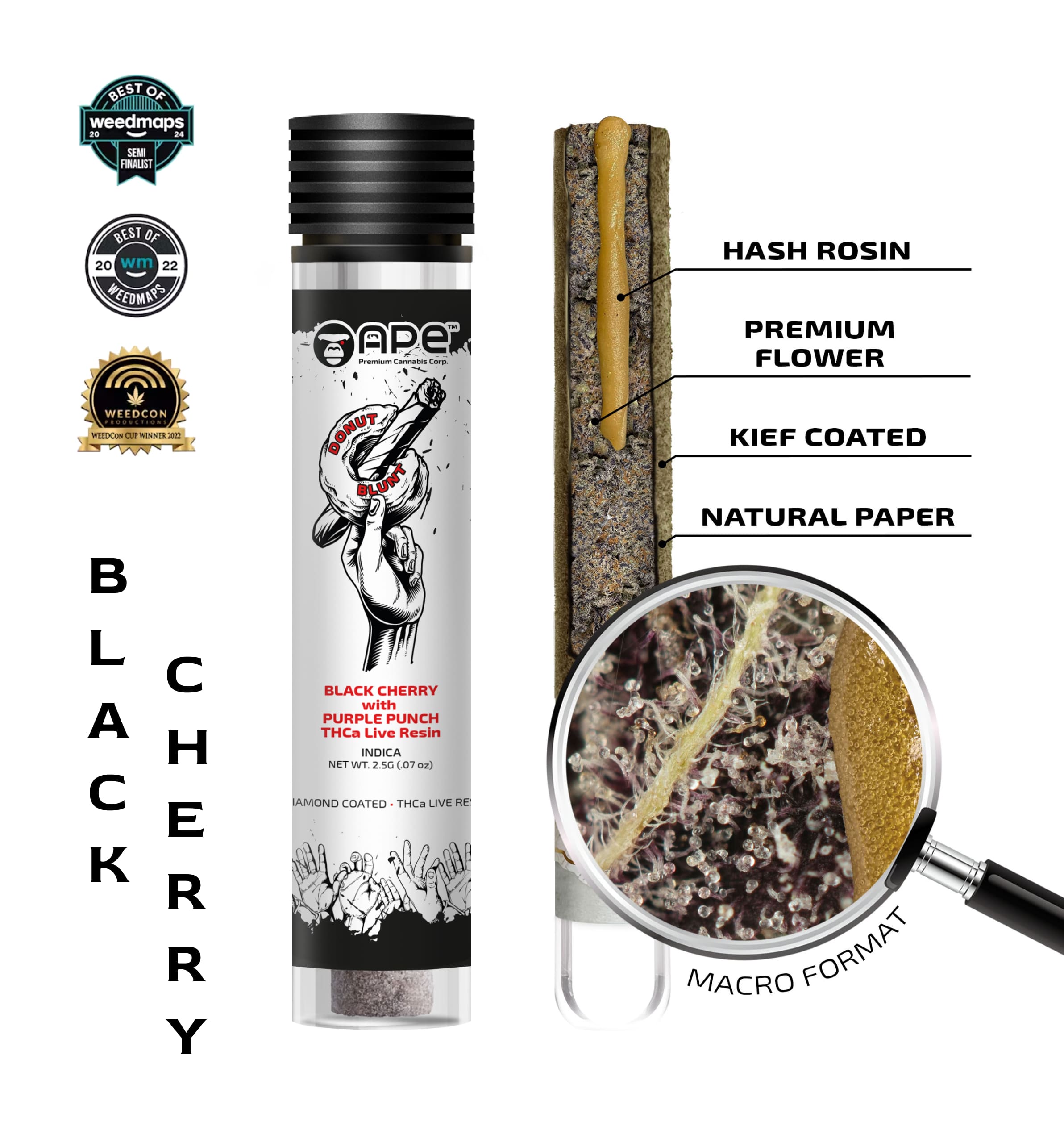 Premium Hash Hole infused with THCa live rosin and coated in diamonds, Black Cherry with Purple Punch flavor, 2.5 grams.