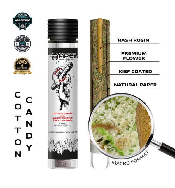 Premium Hash Hole infused with THCa live rosin and diamond coated, Cotton Candy with White Truffle flavor, 2.5 grams.