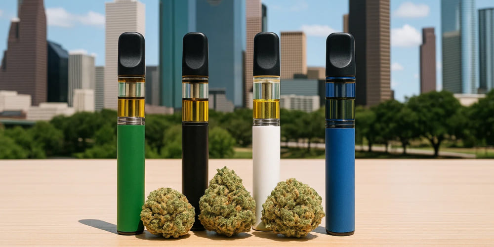 Variety of THCA vape pens displayed on table