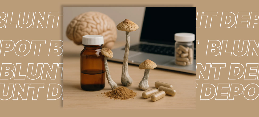 Dried psilocybin mushrooms arranged on a wooden surface
