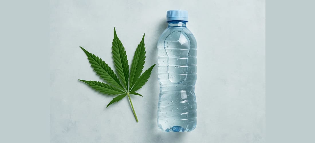 CBD molecule illustration surrounded by water splash graphics