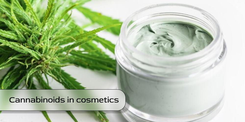 Shelf with various CBD skincare products including serums, creams, and oils