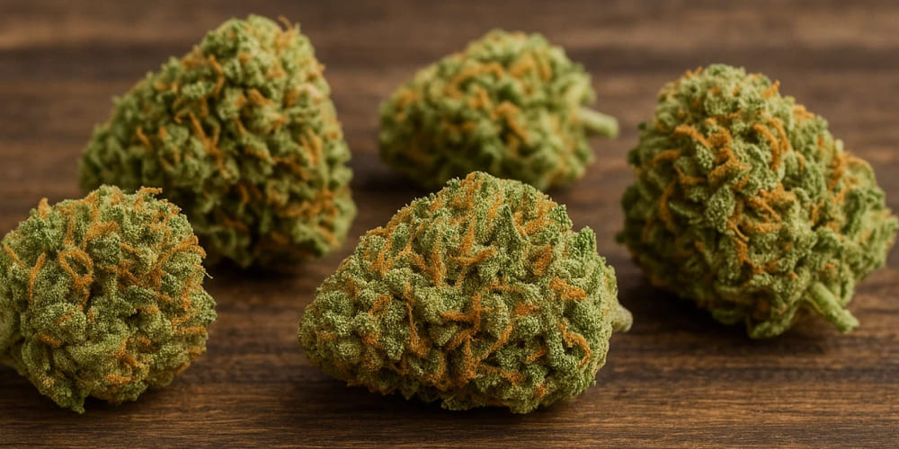 Assortment of premium sativa THCA cannabis buds on a wooden surface