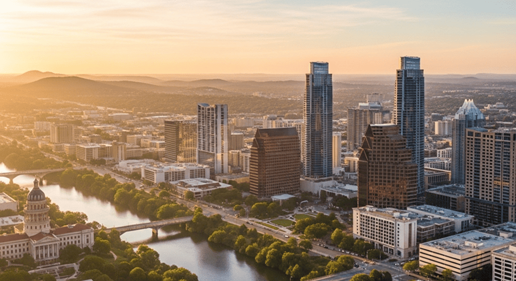 An aerial view of the Austin, Texas skyline at sunrise, with the city's buildings and the Colorado River visible under a warm, golden light.