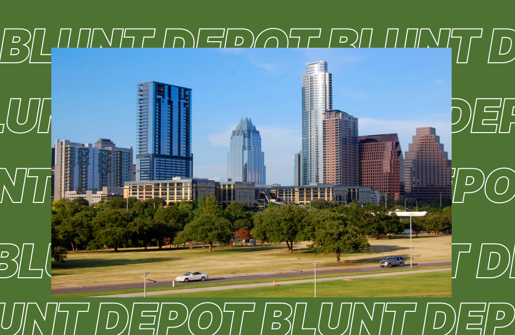 A view of the Austin, Texas skyline on a sunny day, with green trees and a road in the foreground, and the words "BLUNT DEPOT" repeating as a semi-transparent overlay on a green background.