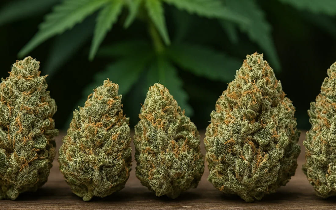 Mature cannabis buds from Blunt Depot coated with frosty trichomes