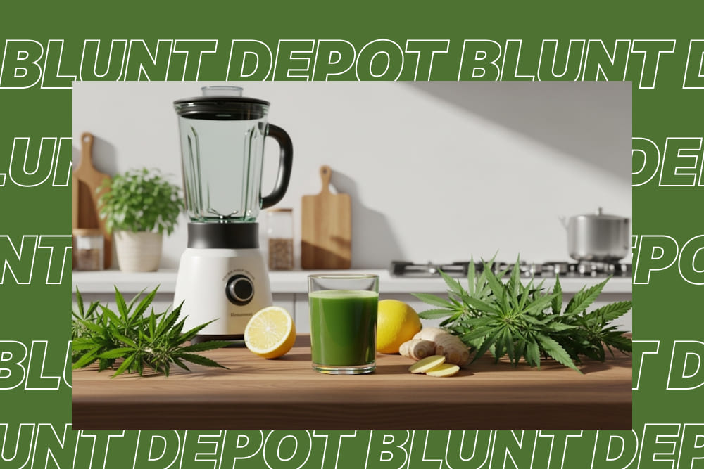 A glass of green juice made from raw cannabis leaves, with fresh leaves, lemon, and ginger on a wooden counter.